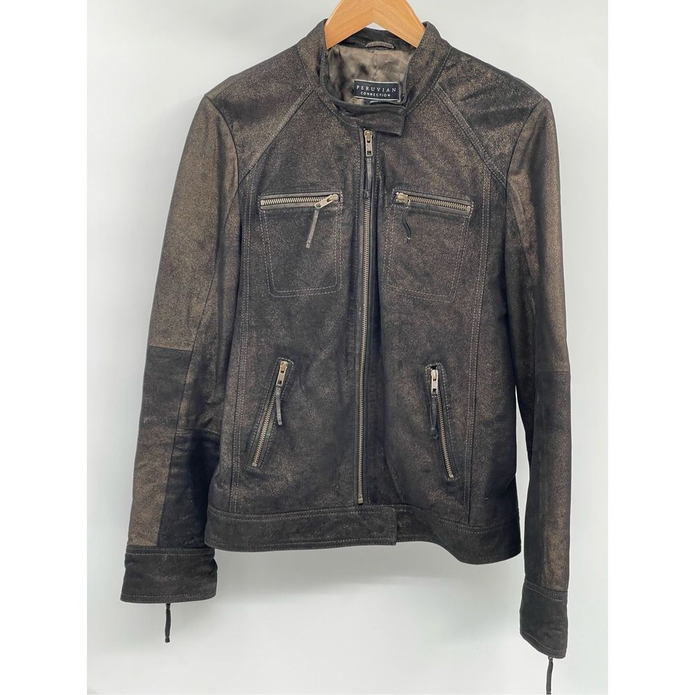 Peruvian Connection Black Brown Leather Bomber Jacket Women Size 12